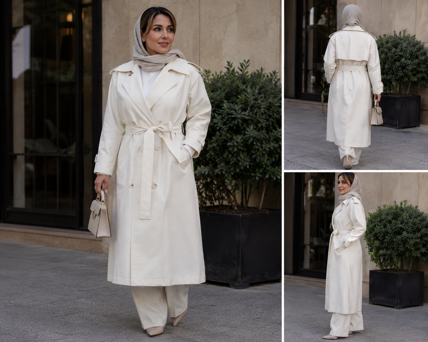 بارانی بلند زنانه وارداتی مدل کلاسیک کمربنددار رنگ کرم (مستر کوالیتی)